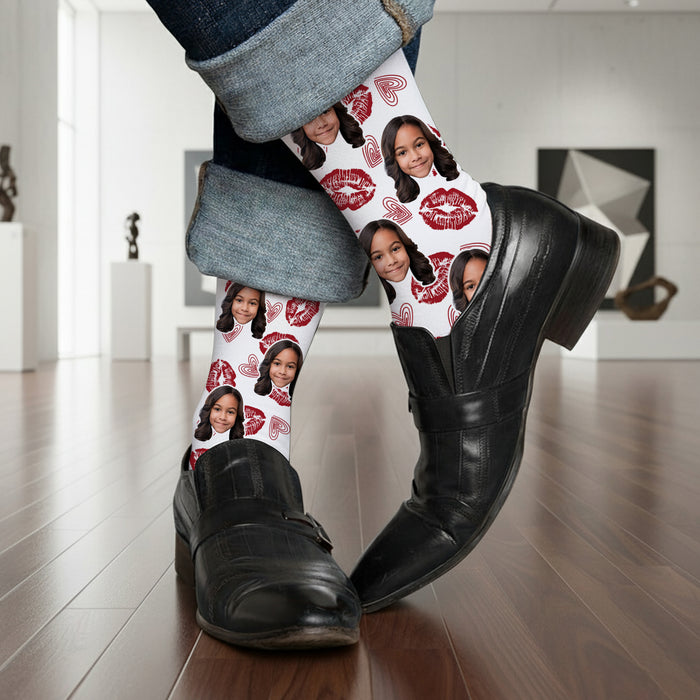 Custom Kiss Socks – Personalized Face Photo Socks with Lips & Hearts