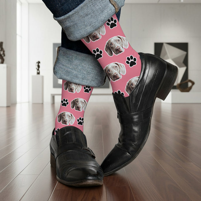 Custom Dog Face Socks – Personalized Pet Photo Socks with Paw Print Design