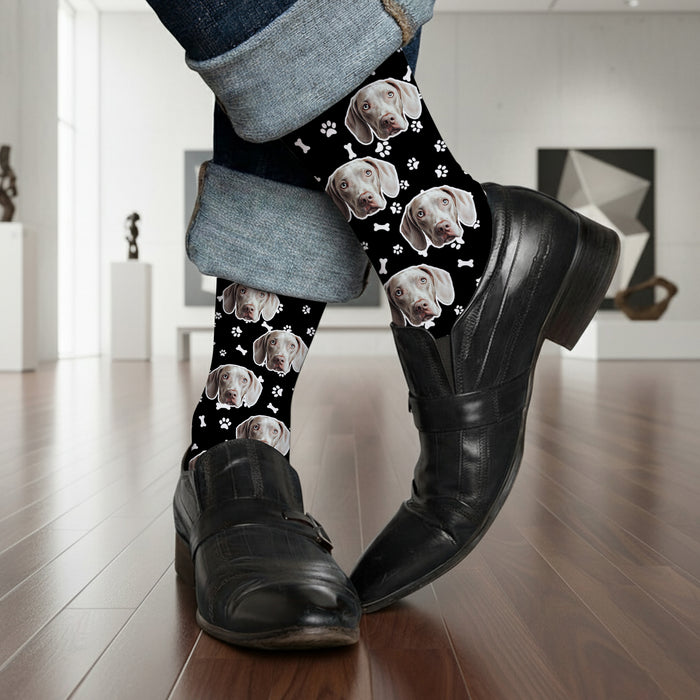 Custom Dog Face Socks – Personalized Pet Photo Gift with Paws & Bones Design