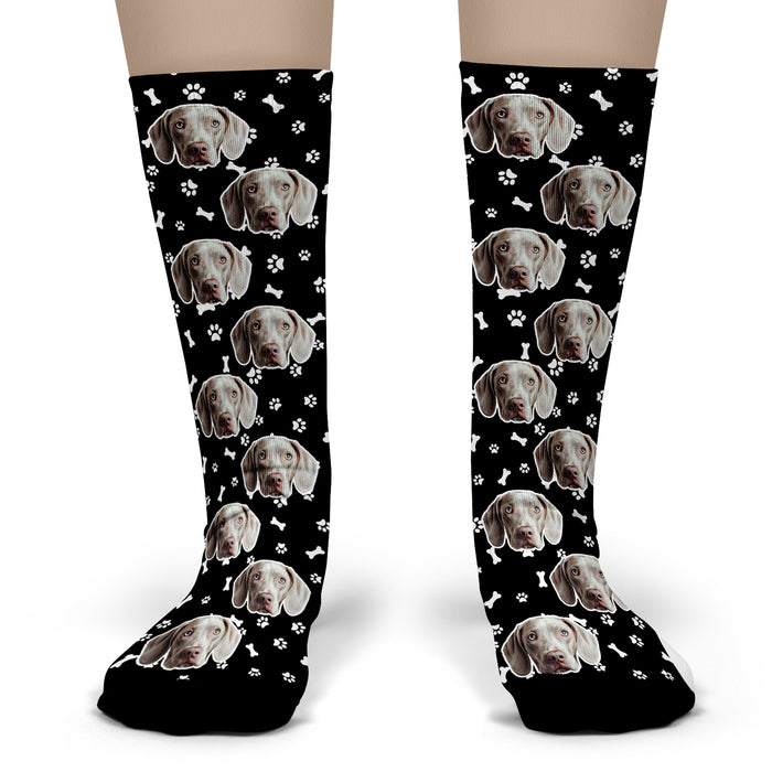 Custom Dog Face Socks – Personalized Pet Photo Gift with Paws & Bones Design