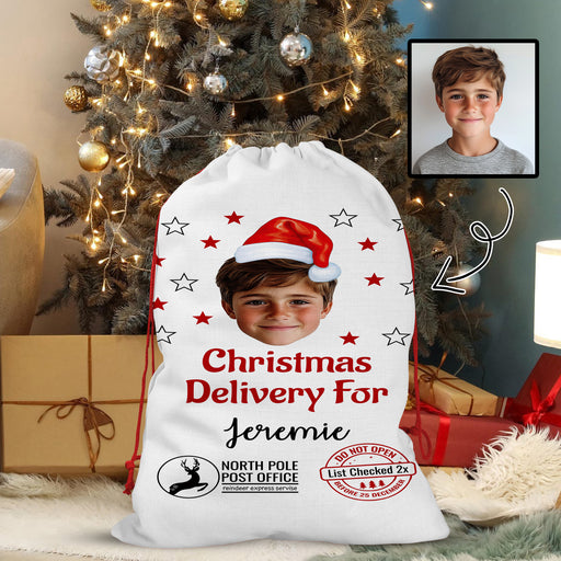 Personalized Santa Sack Gift Wrap Bag - Upload Your Face - For Children Kids Boy Girl Daughter Son Family - Christmas Birthday Custom Name Santa Helper Picture Photo Image