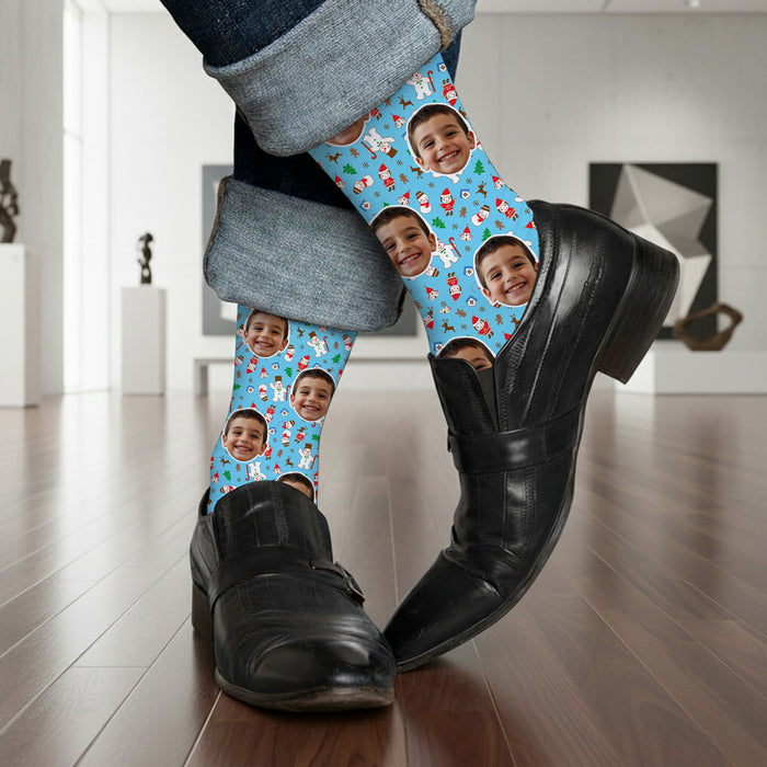Custom Christmas Socks – Personalized Face Photo Gift with Snowman & Elf Design