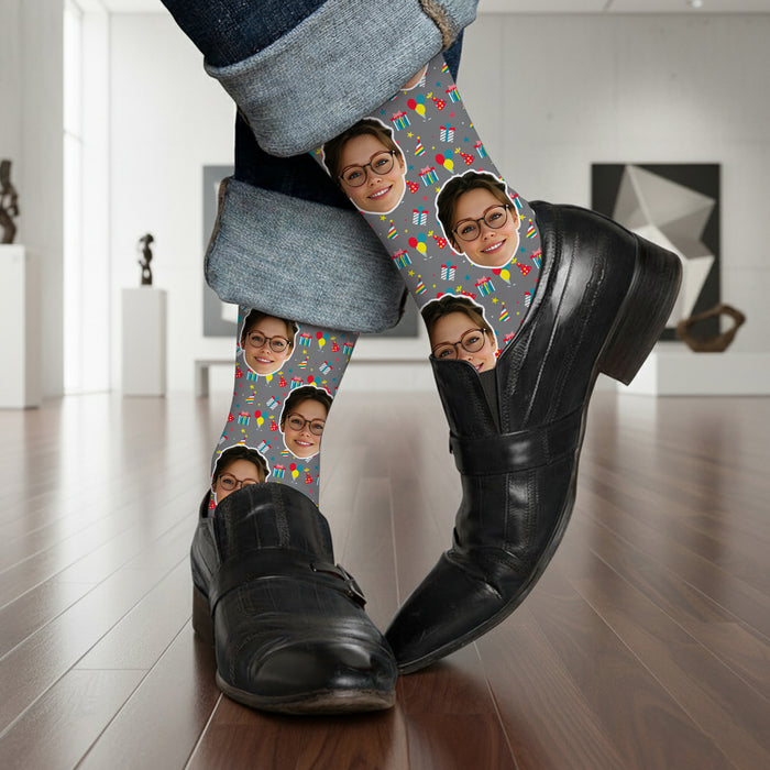 Custom Christmas Socks – Personalized Face Photo Gift with Presents Background
