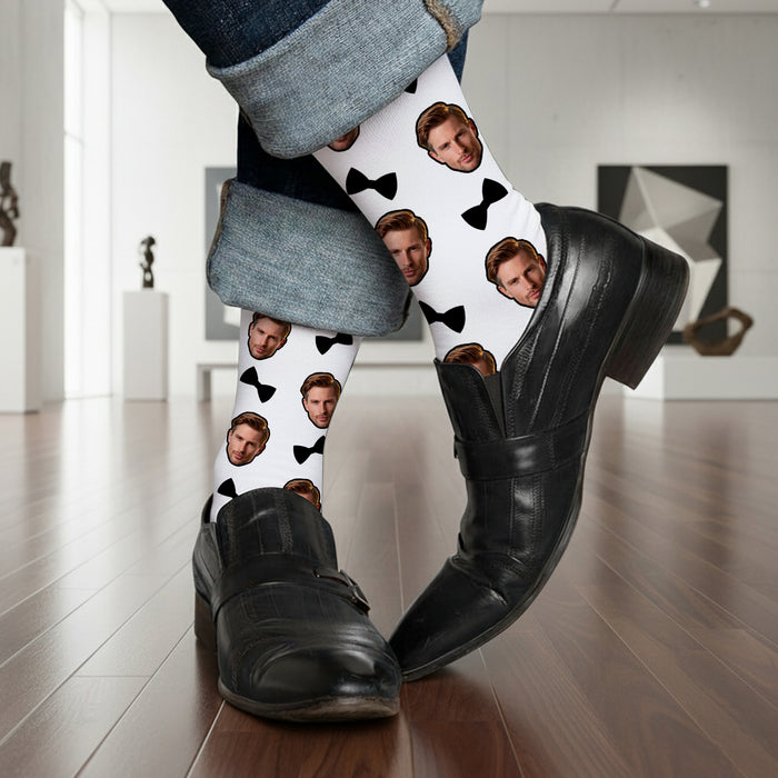 Custom Bow Tie Socks – Personalized Face Photo Tuxedo Gag Gift