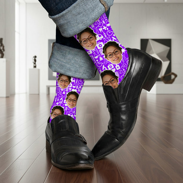 Custom Nurse Socks – Personalized Face Photo Gift with Medical Design
