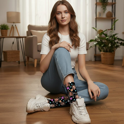 Custom Couple Photo Socks – Personalized Face Socks with Colorful Hearts