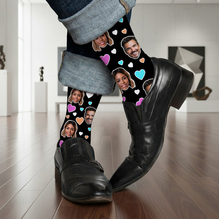 Custom Couple Photo Socks – Personalized Face Socks with Colorful Hearts