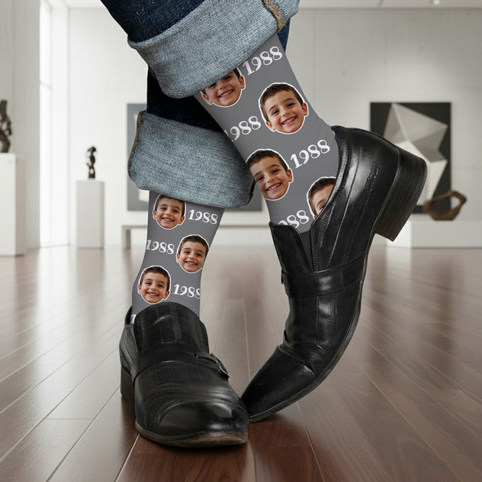 Custom Year Photo Socks – Personalized Face Socks with Birth Year Text