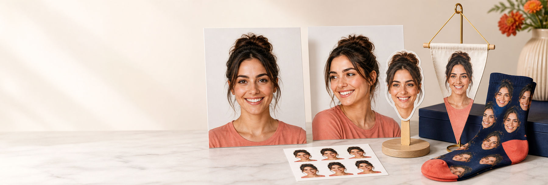 Clear portrait choices for custom face products including a banner, face stick, tattoos, and socks