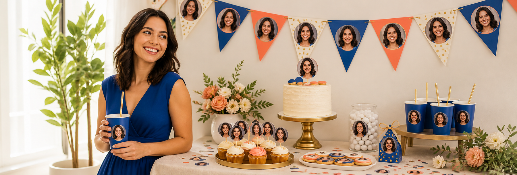 Colorful custom birthday party decorations featuring one fictional guest of honor