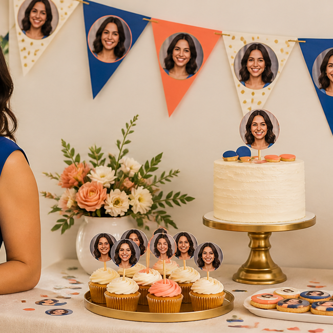 Colorful custom birthday party decorations featuring one fictional guest of honor