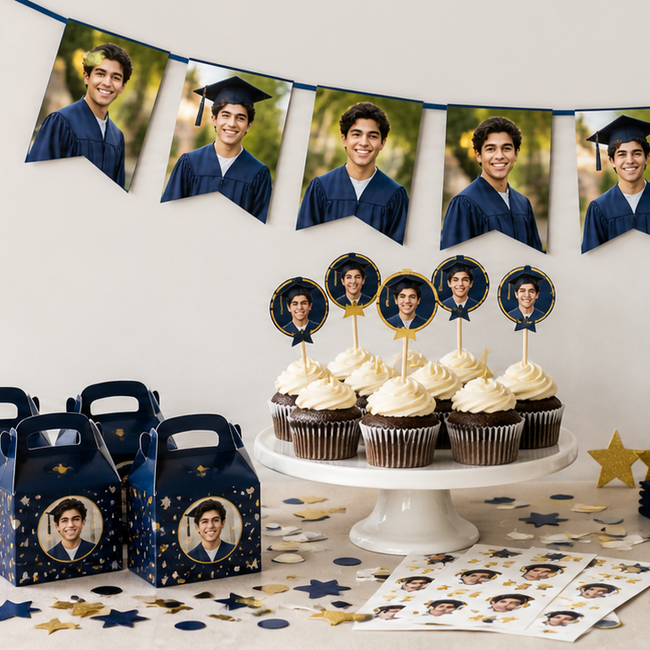 Personalized graduation party decorations with photo props, toppers, confetti, and school-color details