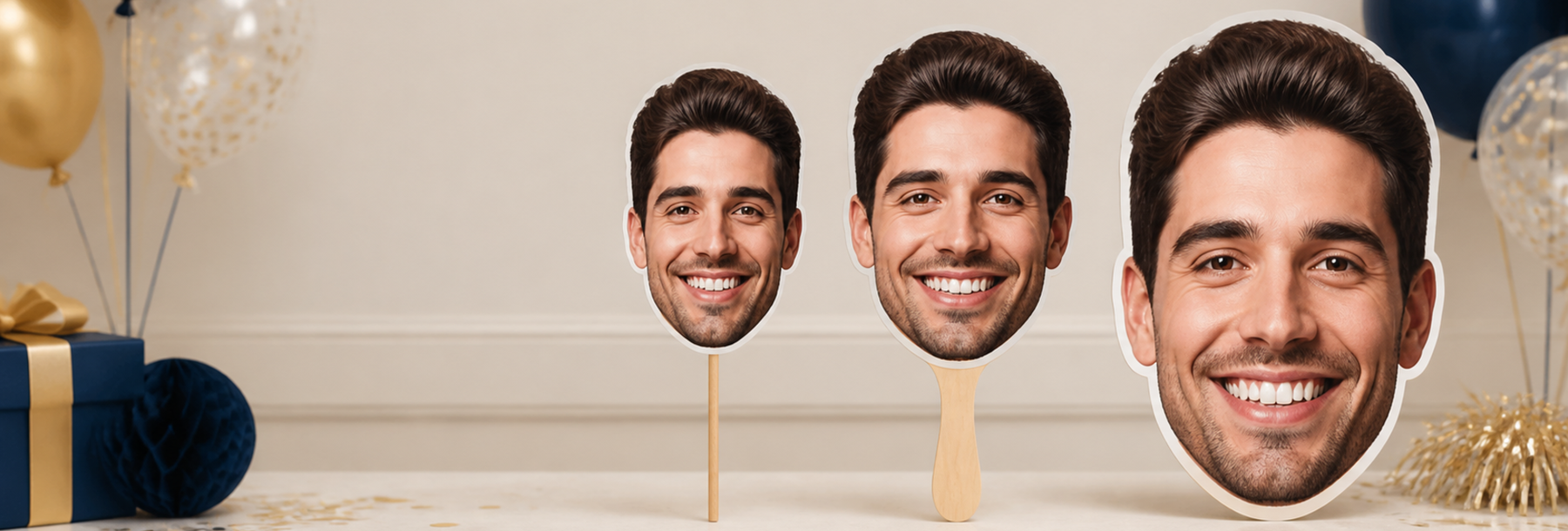 Side-by-side comparison of a face stick, fan stick, and large big head photo cutout