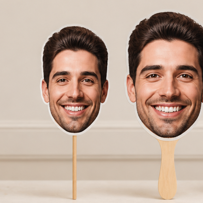 Side-by-side comparison of a face stick, fan stick, and large big head photo cutout