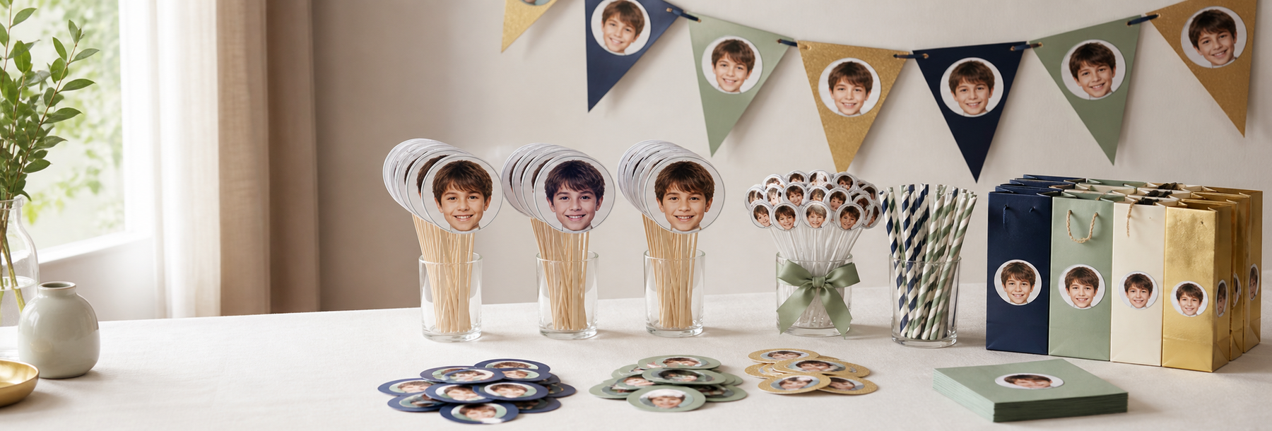 Organized quantities of personalized party decorations prepared for a celebration