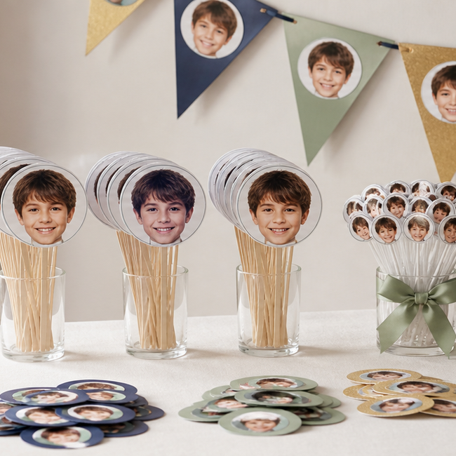 Organized quantities of personalized party decorations prepared for a celebration