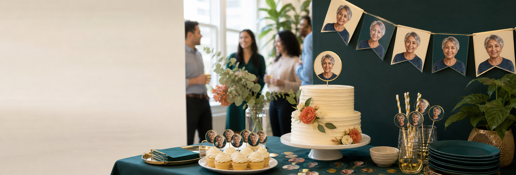 Custom retirement party decorations featuring a retiree on banners, props, toppers, and table details