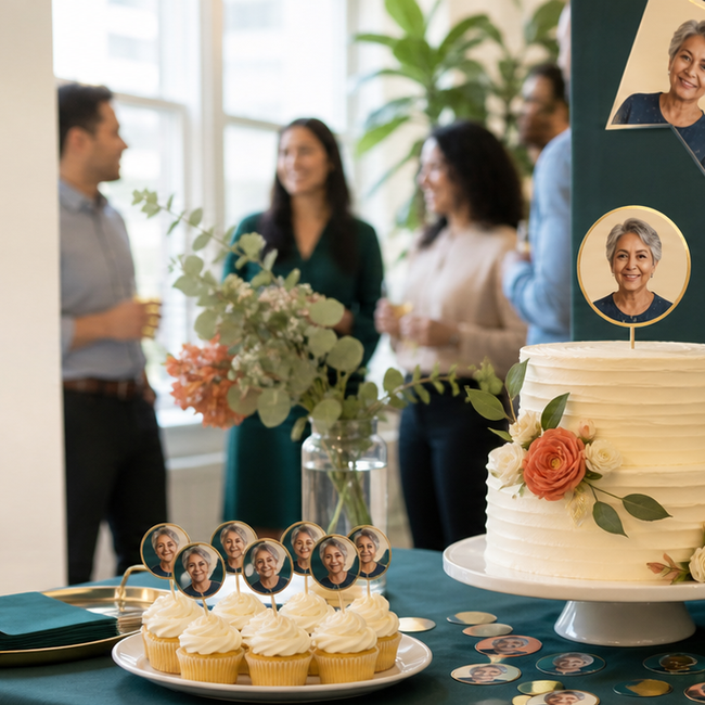 Custom retirement party decorations featuring a retiree on banners, props, toppers, and table details