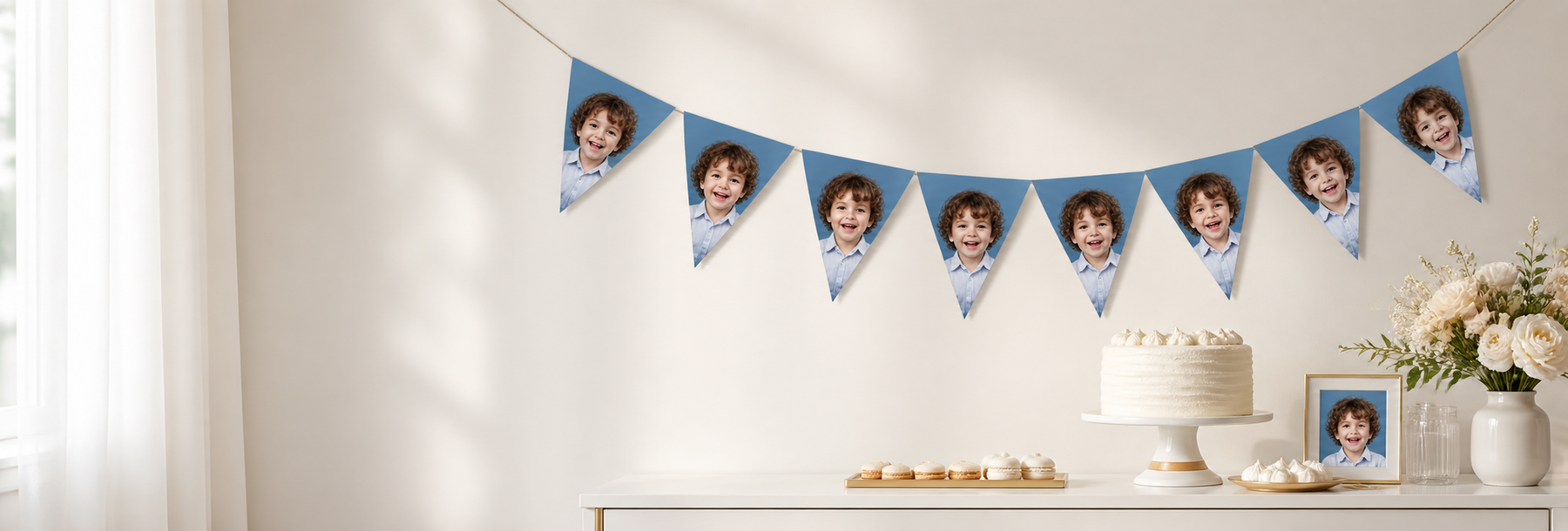 Custom face bunting banner displayed above an elegant personalized dessert table