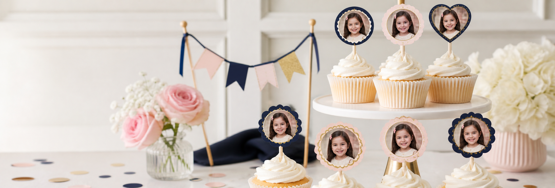 Personalized photo cupcake toppers arranged on a coordinated dessert table