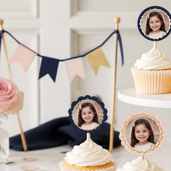 Personalized photo cupcake toppers arranged on a coordinated dessert table