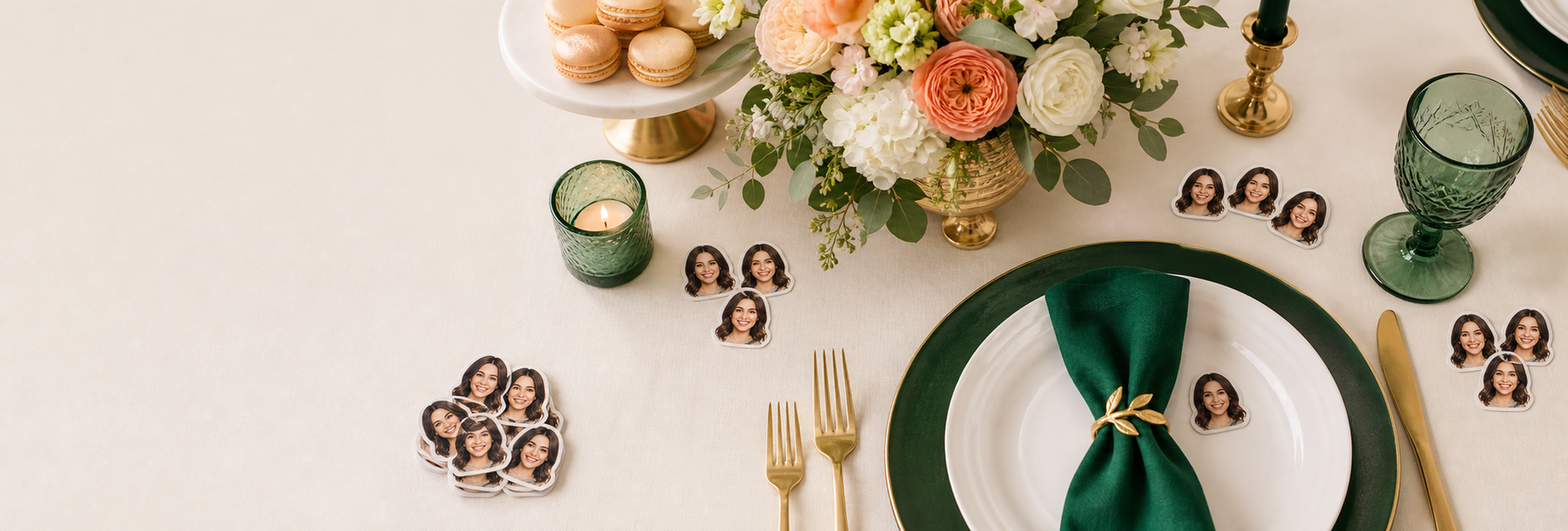 Custom photo confetti placed in small styled clusters around an elegant party table