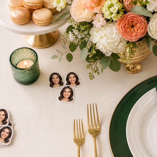 Custom photo confetti placed in small styled clusters around an elegant party table