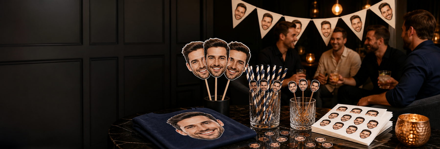 Personalized bachelor party decorations with groom face props, banner, drinks, confetti, and shirt