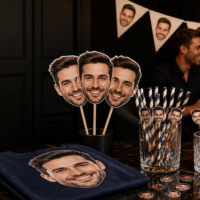 Personalized bachelor party decorations with groom face props, banner, drinks, confetti, and shirt