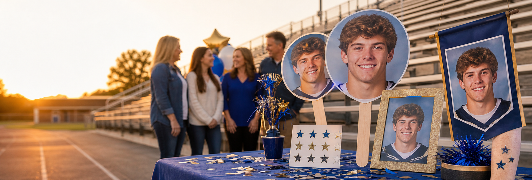 Senior night photo props and personalized school spirit display beside stadium bleachers