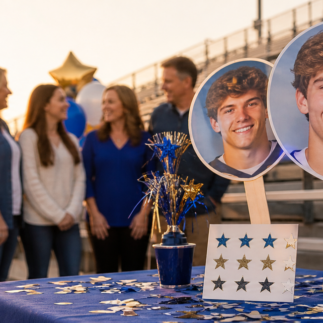 Senior night photo props and personalized school spirit display beside stadium bleachers