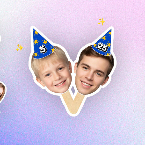 Personalized big head face sticks used as custom photo props at a party