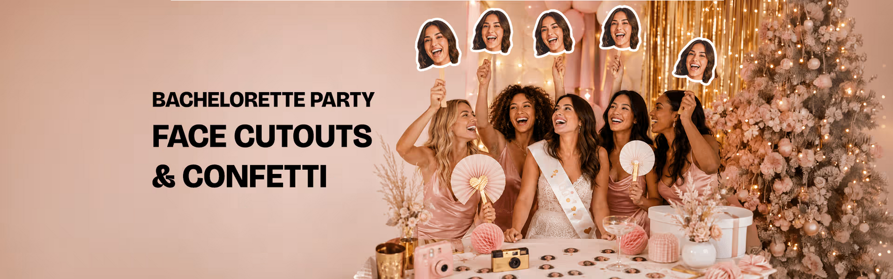 Bride squad holding personalized face cutouts at a bachelorette party