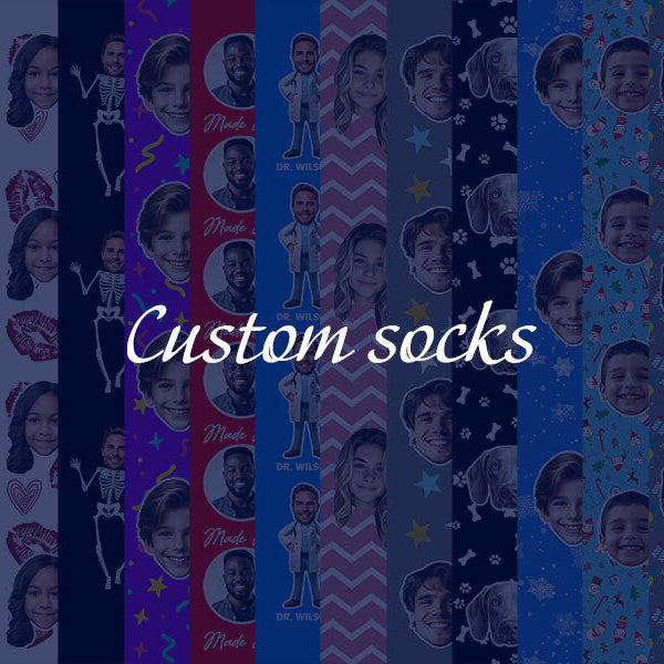 Custom photo socks personalized with faces, names and colorful patterns