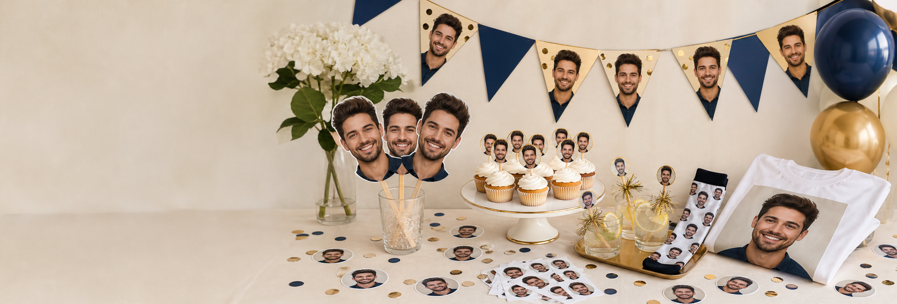 Coordinated personalized party decorations made from one custom photo