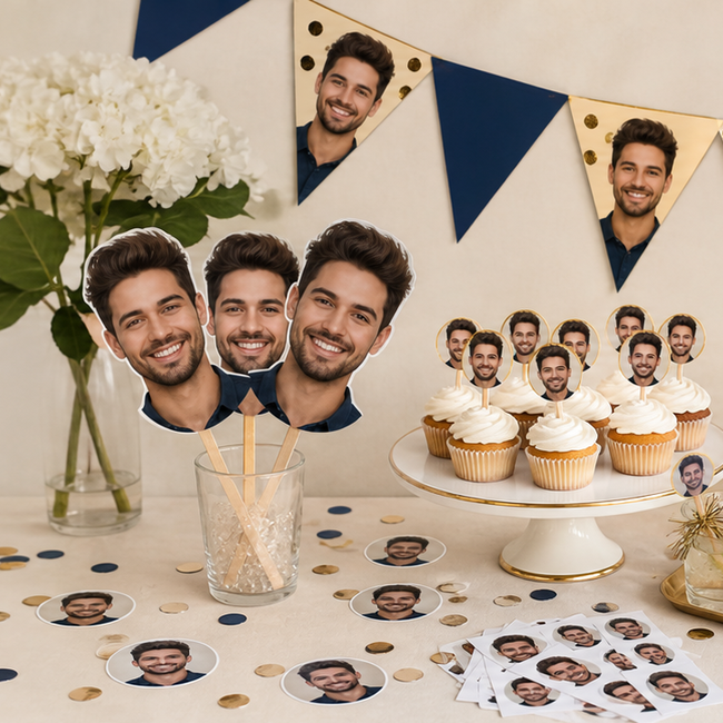 Coordinated personalized party decorations made from one custom photo