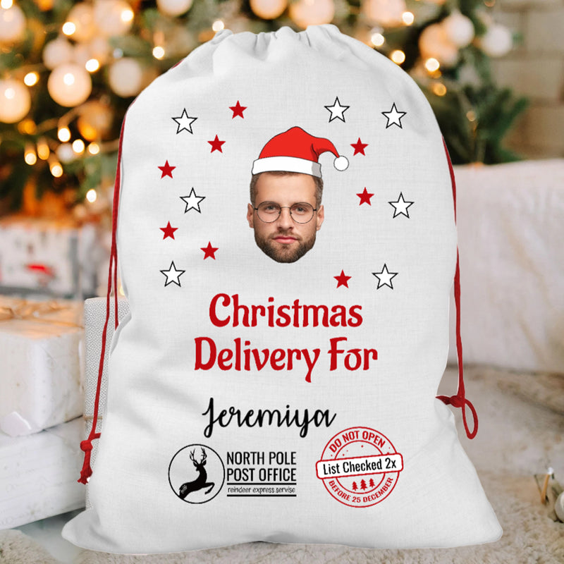 Bleu Reign Personalized Santa Sack Gift Wrap Bag - Upload Your Face - For Children Kids Boy Girl Daughter Son Family - Christmas Birthday Custom Name Santa Helper Picture Photo Image