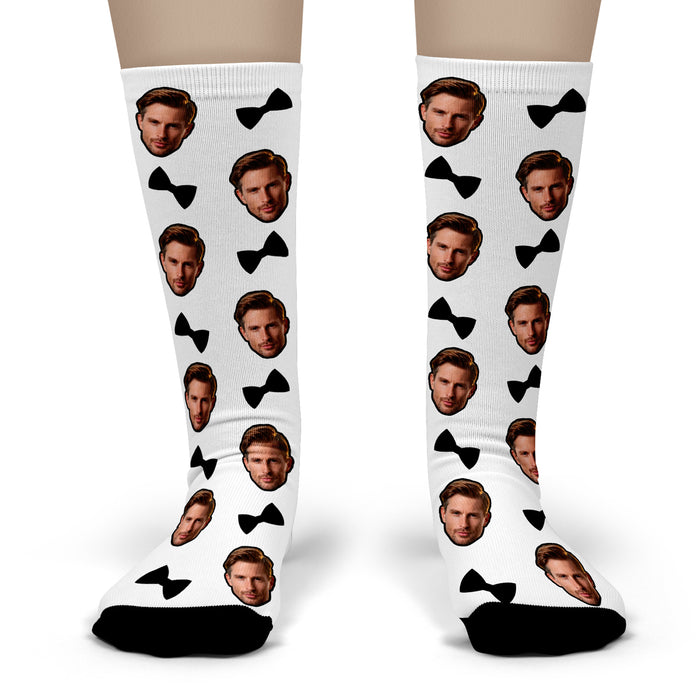 Bleu Reign Custom Bow Tie Socks – Personalized Face Photo Tuxedo Gag Gift