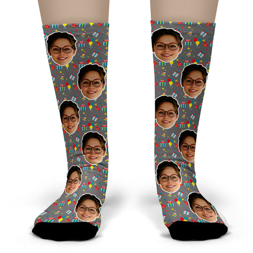 Bleu Reign Custom Christmas Socks – Personalized Face Photo Gift with Presents Background
