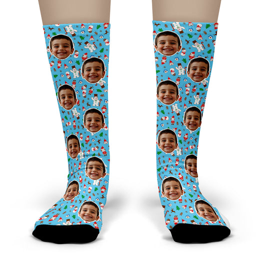 Bleu Reign Custom Christmas Socks – Personalized Face Photo Gift with Snowman & Elf Design