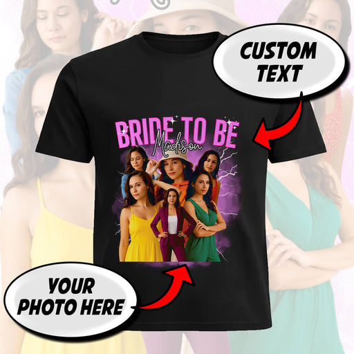 Bride to Be Custom Photo T-Shirt with Name – Retro Bootleg Lightning Bachelorette Design