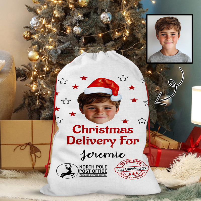 Bleu Reign Personalized Santa Sack Gift Wrap Bag - Upload Your Face - For Children Kids Boy Girl Daughter Son Family - Christmas Birthday Custom Name Santa Helper Picture Photo Image