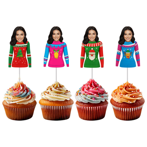 Personalized Ugly Sweater Cupcake Toppers – Custom Christmas Party Decorations with Your Photo