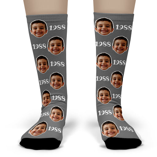 Bleu Reign Custom Year Photo Socks – Personalized Face Socks with Birth Year Text