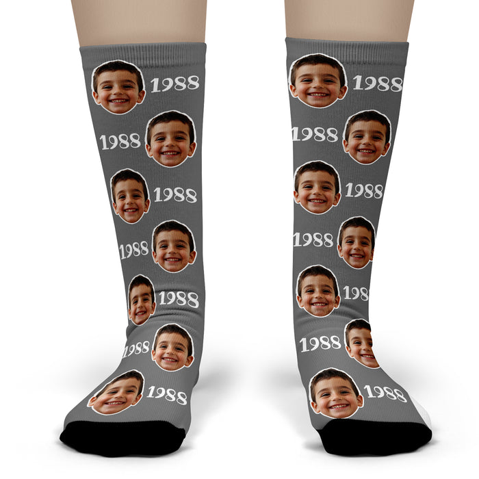 Bleu Reign Custom Year Photo Socks – Personalized Face Socks with Birth Year Text