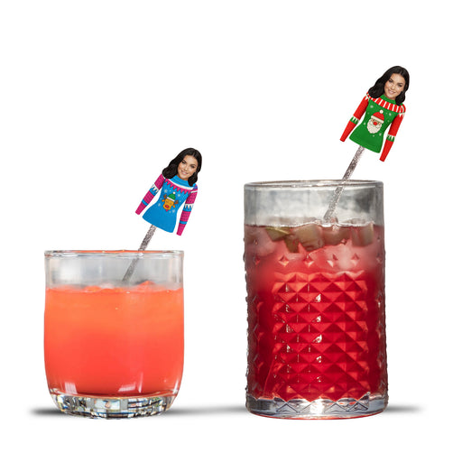 Personalized Ugly Sweater Swizzle Sticks – Custom Christmas Drink Stirrers with Your Photo