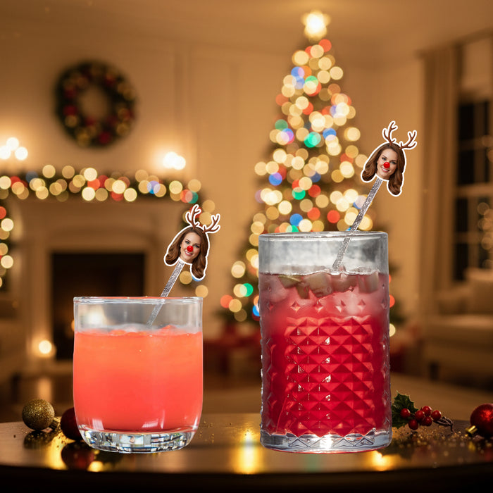 Personalized Reindeer Swizzle Sticks – Custom Christmas Drink Stirrers with Your Photo