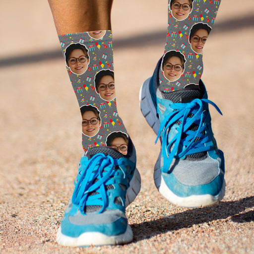Bleu Reign Custom Christmas Socks – Personalized Face Photo Gift with Presents Background