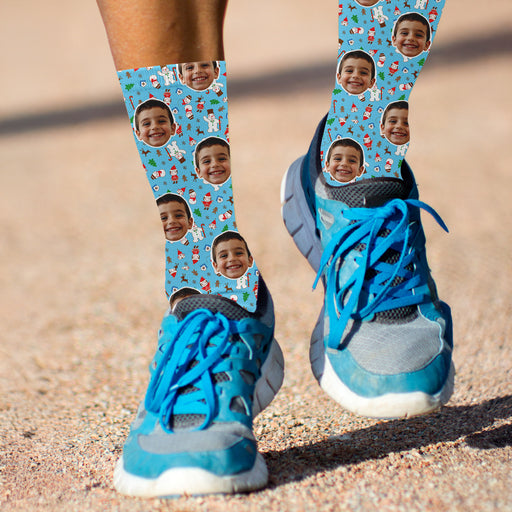 Bleu Reign Custom Christmas Socks – Personalized Face Photo Gift with Snowman & Elf Design