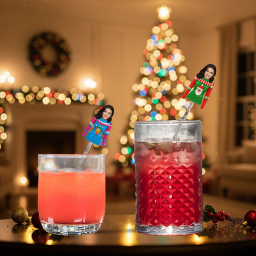 Personalized Ugly Sweater Swizzle Sticks – Custom Christmas Drink Stirrers with Your Photo
